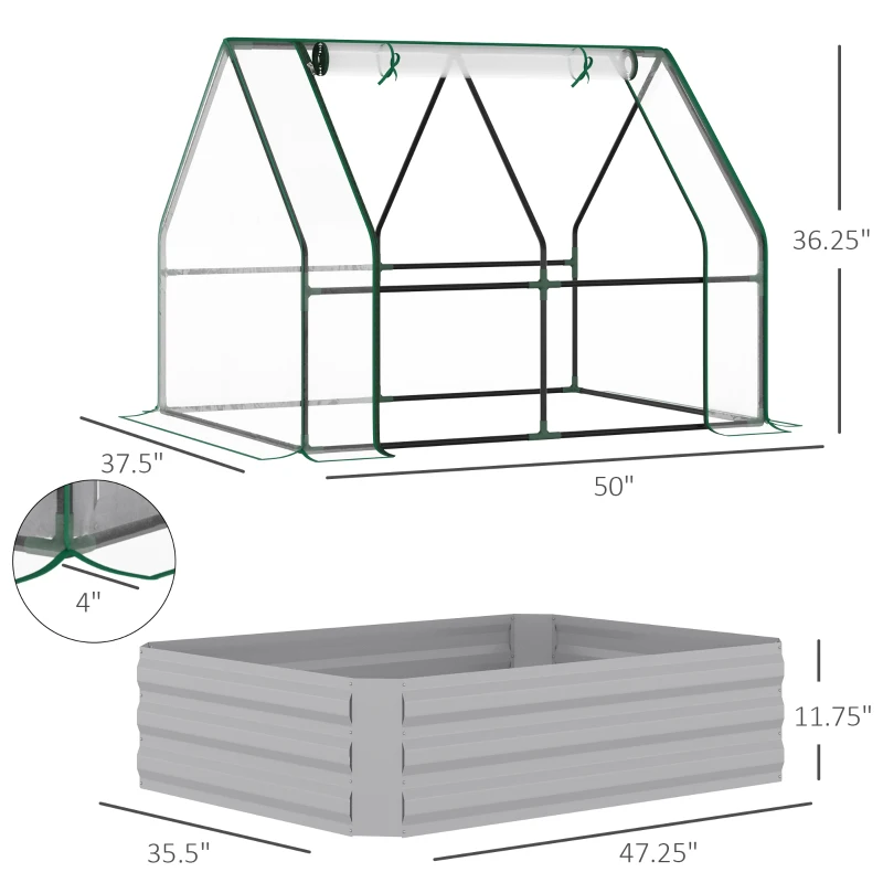 Outsunny Raised Garden Bed with Cover, Outdoor Galvanized Metal Planter Box Kit, 4 x 3 ft Mini Greenhouse with 2 Large Screen Windows, for Growing Flowers, Vegetables and Herbs, Clear