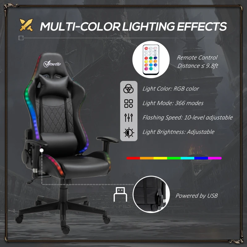 Vinsetto High Back Gaming Chair with RGB LED Lights, Adjustable Arms, and Lumbar Support, Racing Office Computer Chair with Head Pillow, Black