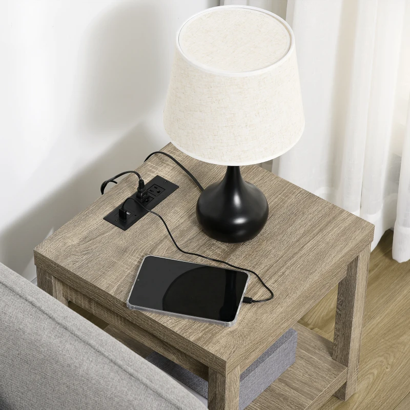 HOMCOM Storage End Table with Charging Station, Small Side Table, End Table USB Ports and Outlets, 17.75"x17.75"x17.75", Gray