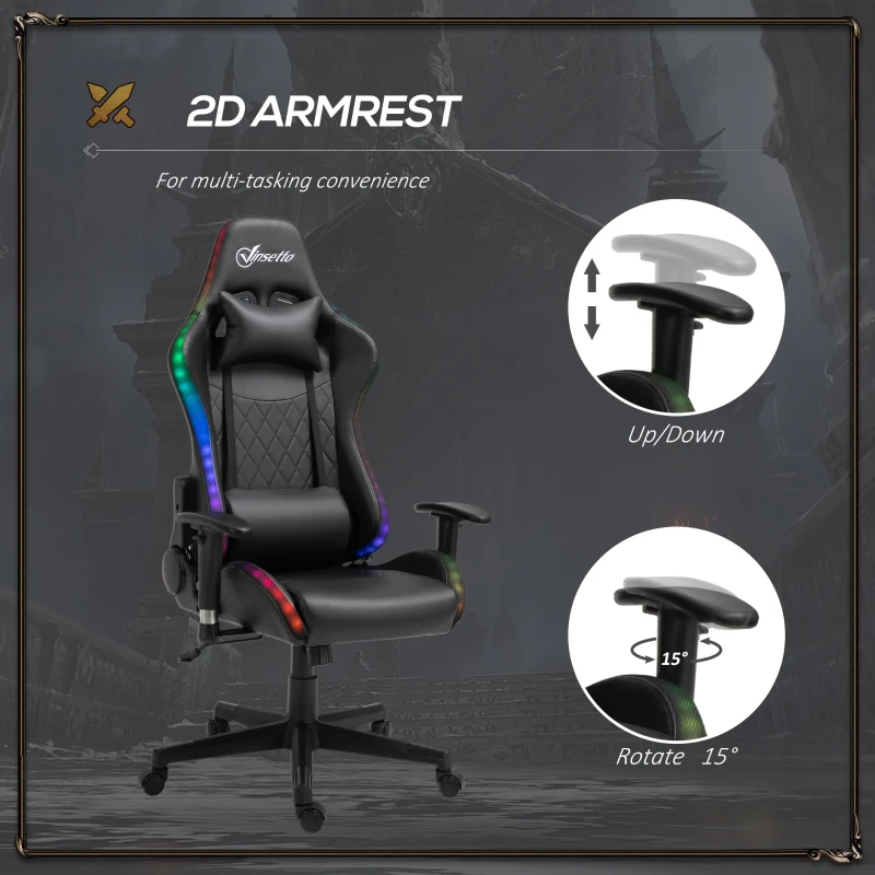 Vinsetto High Back Gaming Chair with RGB LED Lights, Adjustable Arms, and Lumbar Support, Racing Office Computer Chair with Head Pillow, Black