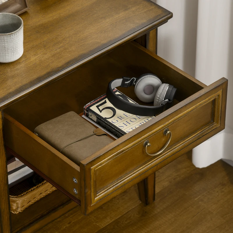 HOMCOM Retro Side Table, End Table with Storage Drawer and Open Shelf for Living Room, Bedroom, Dark Coffee