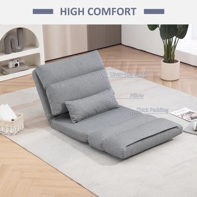 HOMCOM Folding Lazy Sofa Floor Chair, Convertible Couch with 6-Position Adjustable Backrest, Pillow for Reading, Gaming, Gray