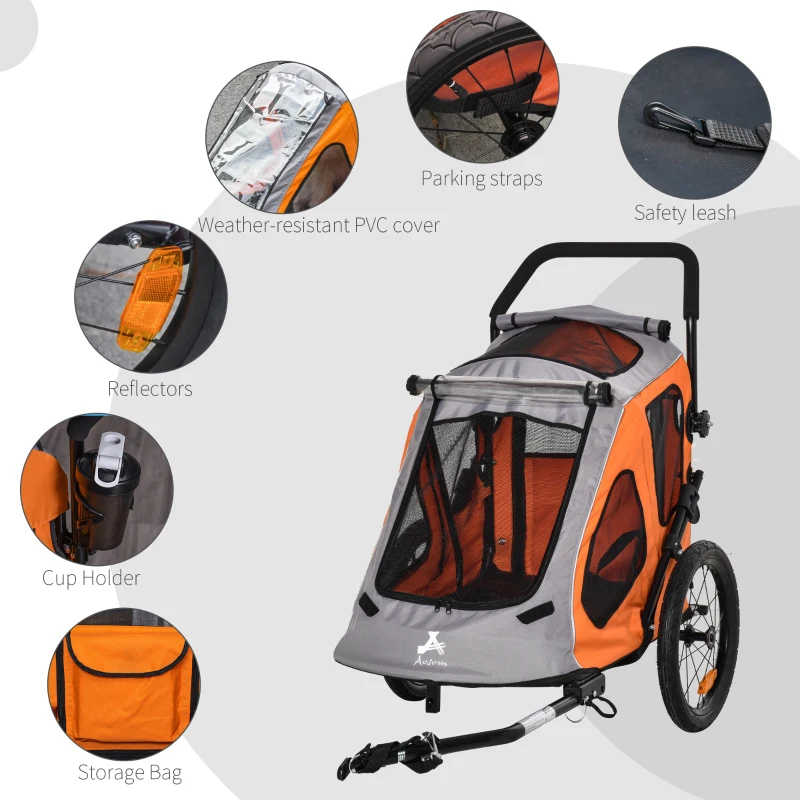 Aosom Dog Bike Trailer 2-In-1 Pet Stroller Cart Bicycle Wagon Cargo Carrier Attachment for Travel with 360 Swivel Wheel Reflectors Parking Brake Straps Cup Holder Orange