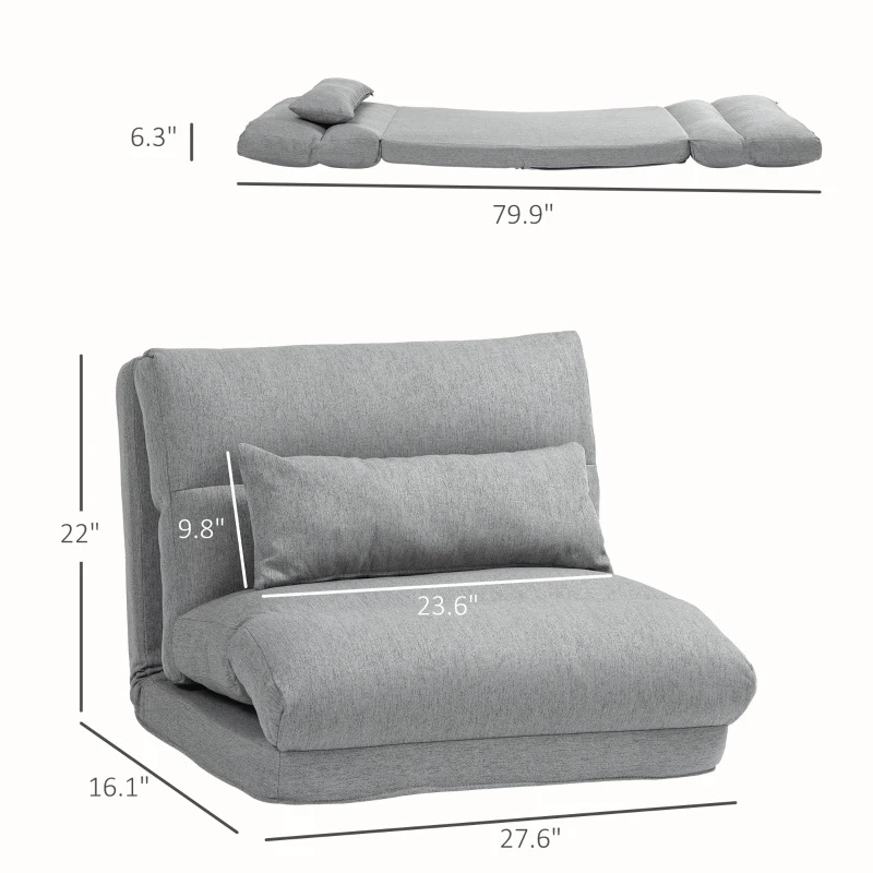 HOMCOM Folding Lazy Sofa Floor Chair, Convertible Couch with 6-Position Adjustable Backrest, Pillow for Reading, Gaming, Gray