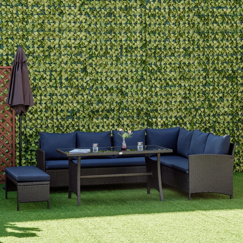 Outsunny 4 Pieces Patio Wicker Dining Sets, Outdoor PE Rattan Sectional Conversation Set with Cushions & Dining Table, Bench for Garden, Backyard, Lawn, Navy Blue