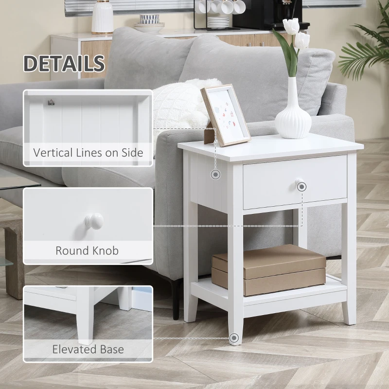 HOMCOM End Table, 2-tier Side Table with Drawer and Storage Shelf, Modern Side Table for Living Room, White