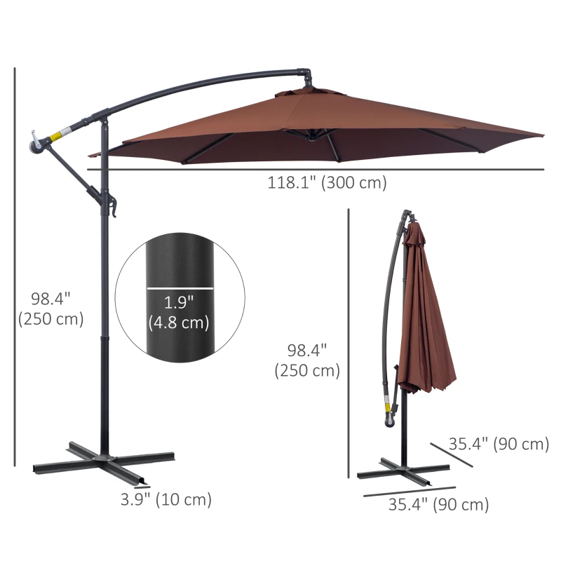 Outsunny 10' Deluxe Patio Umbrella, Outdoor Market Parasol, Banana Hanging Offset Sunshade with Crank, Cross Base, Coffee