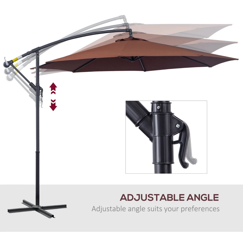 Outsunny 10' Deluxe Patio Umbrella, Outdoor Market Parasol, Banana Hanging Offset Sunshade with Crank, Cross Base, Coffee