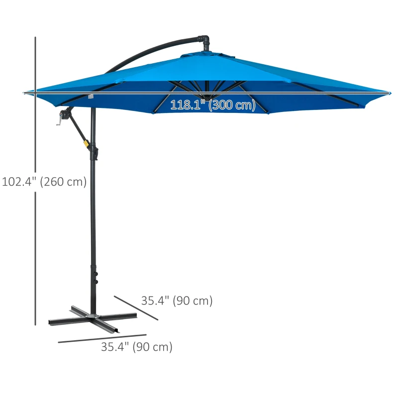 Outsunny 10ft Offset Patio Umbrella with Base, Garden Hanging Parasol with Crank, Banana Cantilever Umbrella Sun Shade, Blue