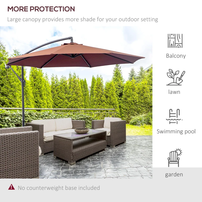 Outsunny 10' Deluxe Patio Umbrella, Outdoor Market Parasol, Banana Hanging Offset Sunshade with Crank, Cross Base, Coffee