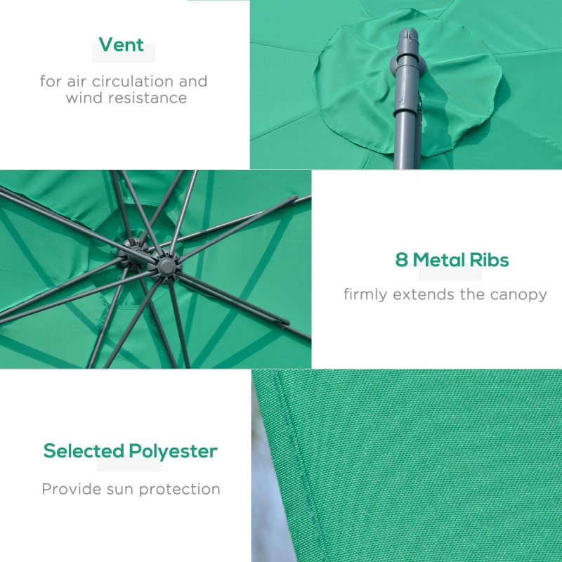 Outsunny 10ft Offset Patio Umbrella with Base, Garden Hanging Parasol with Crank, Banana Cantilever Umbrella Sun Shade, Green