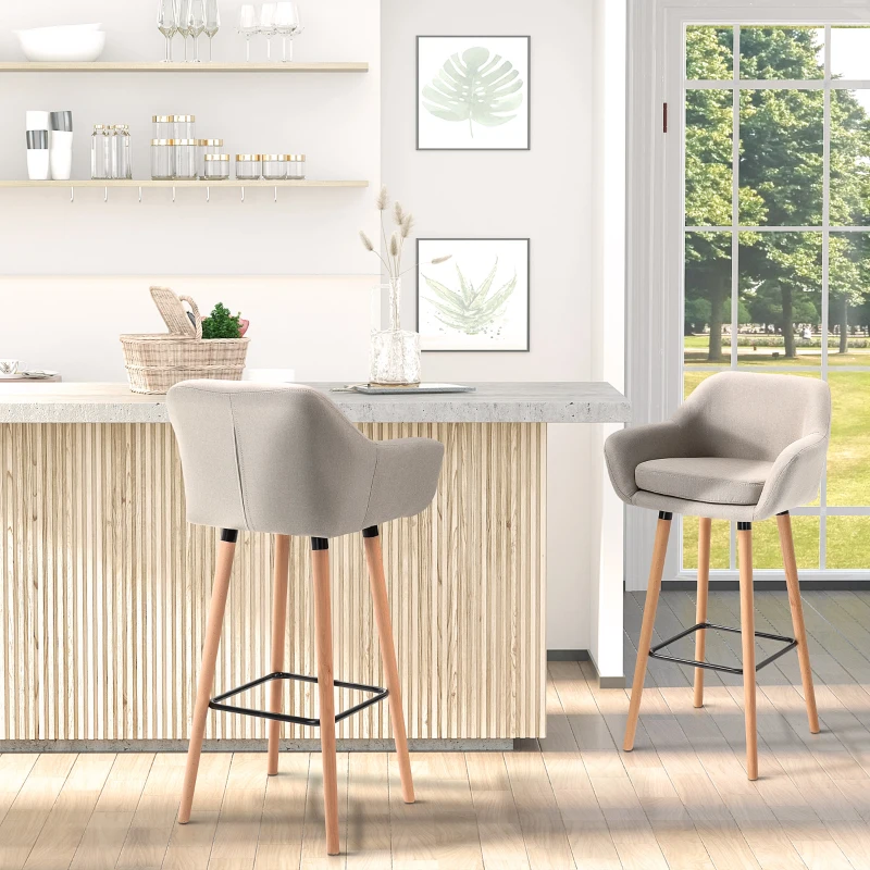 HOMCOM Modern Bar Stools Set of 2, 31.5" Barstools with Linen Fabric and Solid Wood Legs, Backrest and Footrest, Dining Room Kitchen Counter, Beige