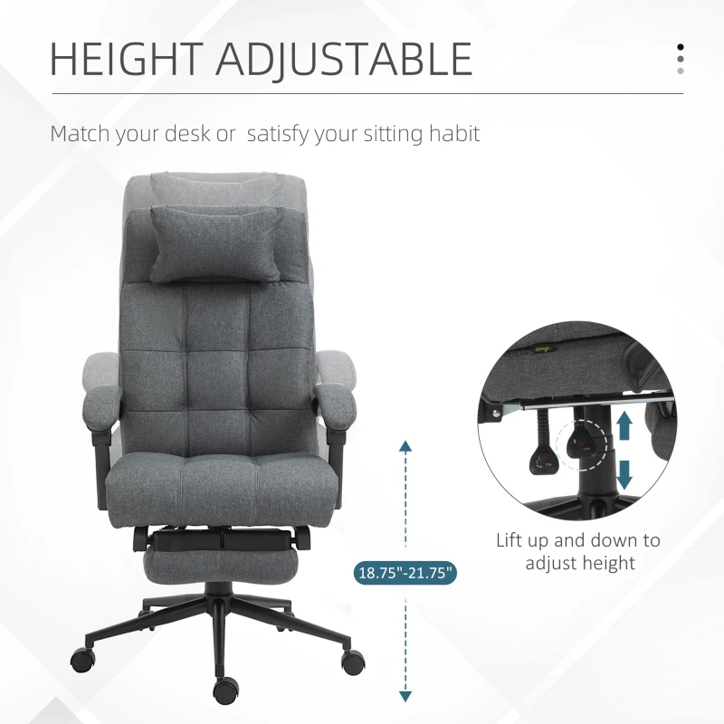 Vinsetto Office Chair Executive Linen-Feel Fabric High Back Swivel Task Chair with Upholstered Retractable Footrest, Headrest and Padded Armrest, Dark Grey