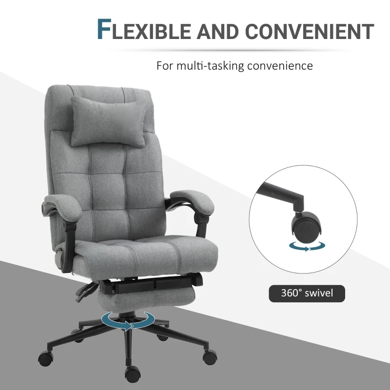 Vinsetto Executive Office Chair High Back Linen-Feel Fabric Swivel Chair with Upholstered Retractable Footrest, Headrest and Armrest, Light Grey