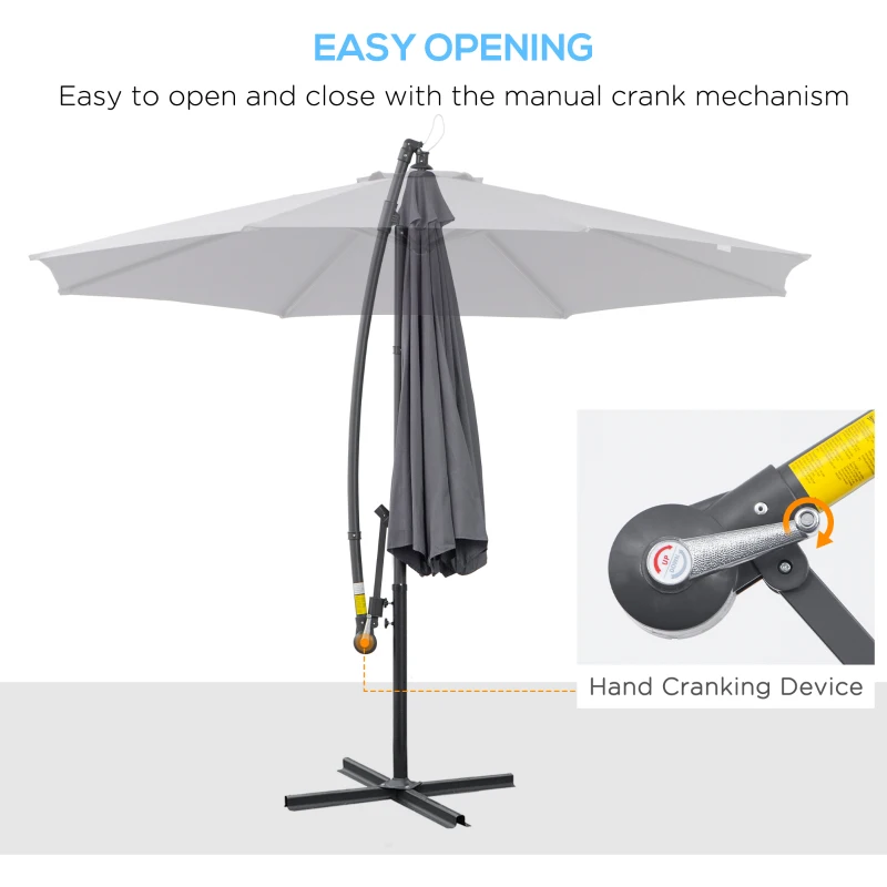 Outsunny 10ft Offset Patio Umbrella with Base, Garden Hanging Parasol with Crank, Banana Cantilever Umbrella Sun Shade, Grey