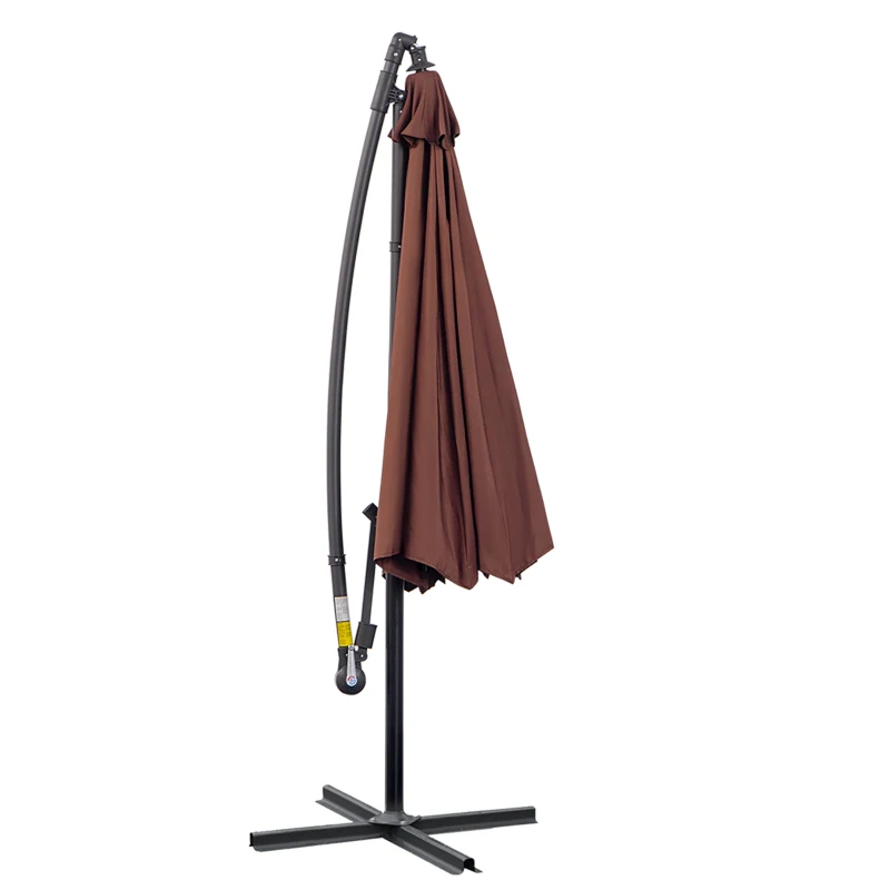 Outsunny 10' Deluxe Patio Umbrella, Outdoor Market Parasol, Banana Hanging Offset Sunshade with Crank, Cross Base, Coffee