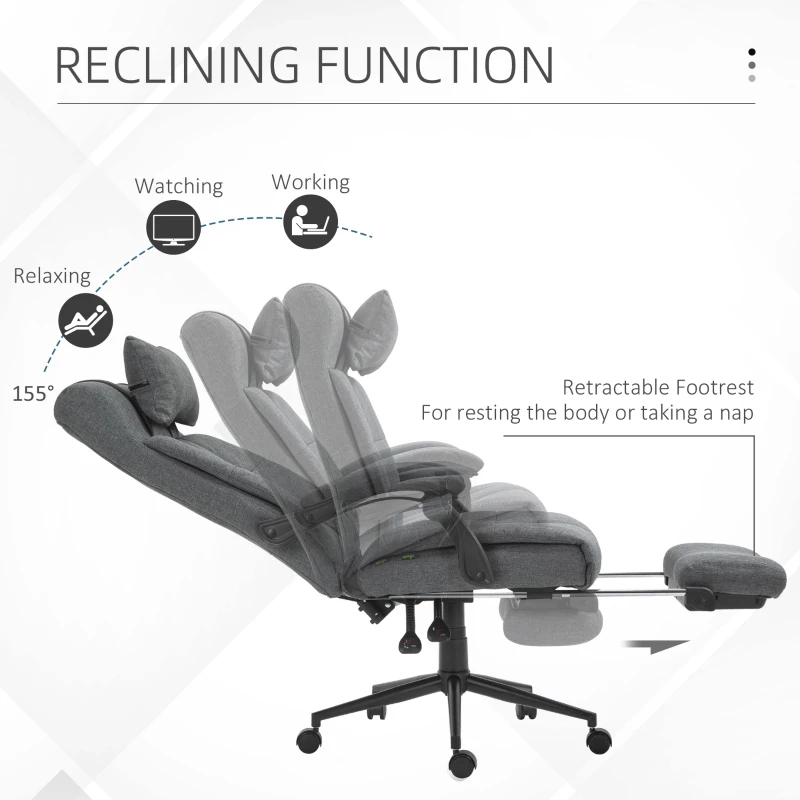 Vinsetto Office Chair Executive Linen-Feel Fabric High Back Swivel Task Chair with Upholstered Retractable Footrest, Headrest and Padded Armrest, Dark Grey