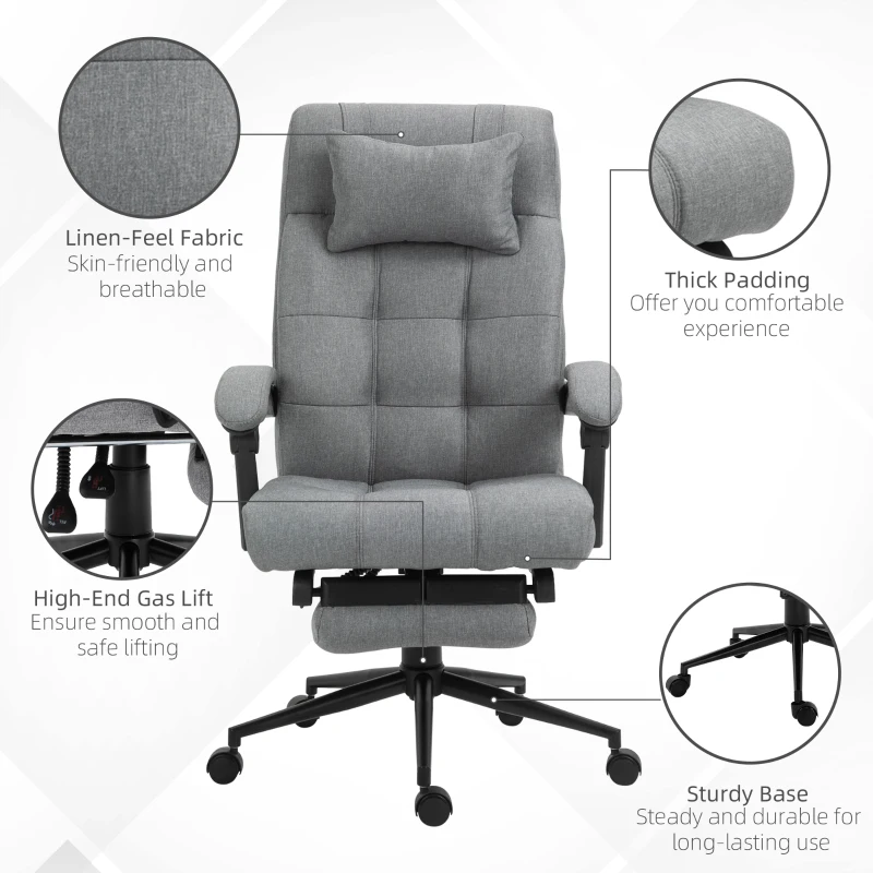 Vinsetto Executive Linen-Feel Fabric Office Chair High Back Swivel Task Chair with Adjustable Height Upholstered Retractable Footrest, Headrest and Padded Armrest, Light Grey