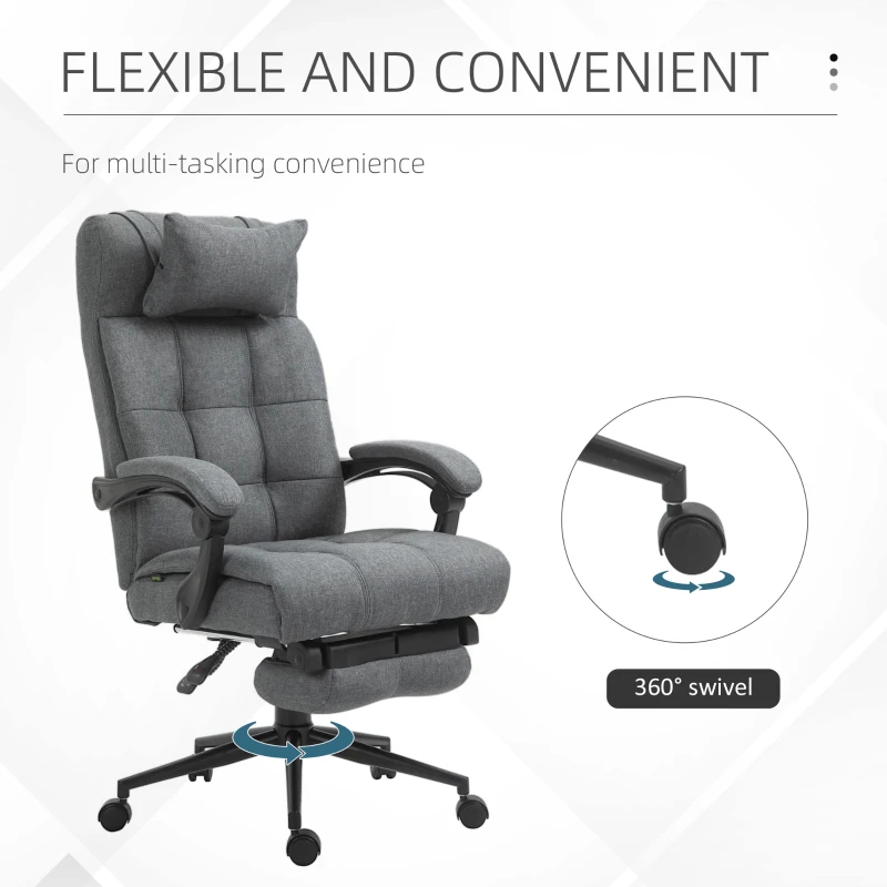 Vinsetto Office Chair Executive Linen-Feel Fabric High Back Swivel Task Chair with Upholstered Retractable Footrest, Headrest and Padded Armrest, Dark Grey
