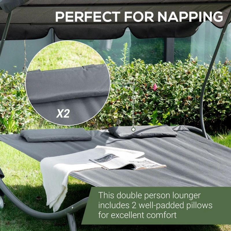Outsunny Double Patio Lounger with Adjustable Canopy, Outdoor Daybed Hammock Lounger with Headrest Pillows, Two Moving Wheels for Poolside, Garden, Grey