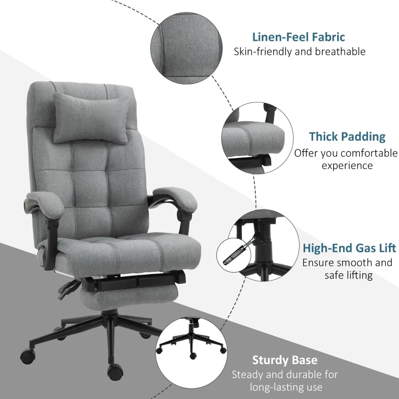 Vinsetto Executive Office Chair High Back Linen-Feel Fabric Swivel Chair with Upholstered Retractable Footrest, Headrest and Armrest, Light Grey