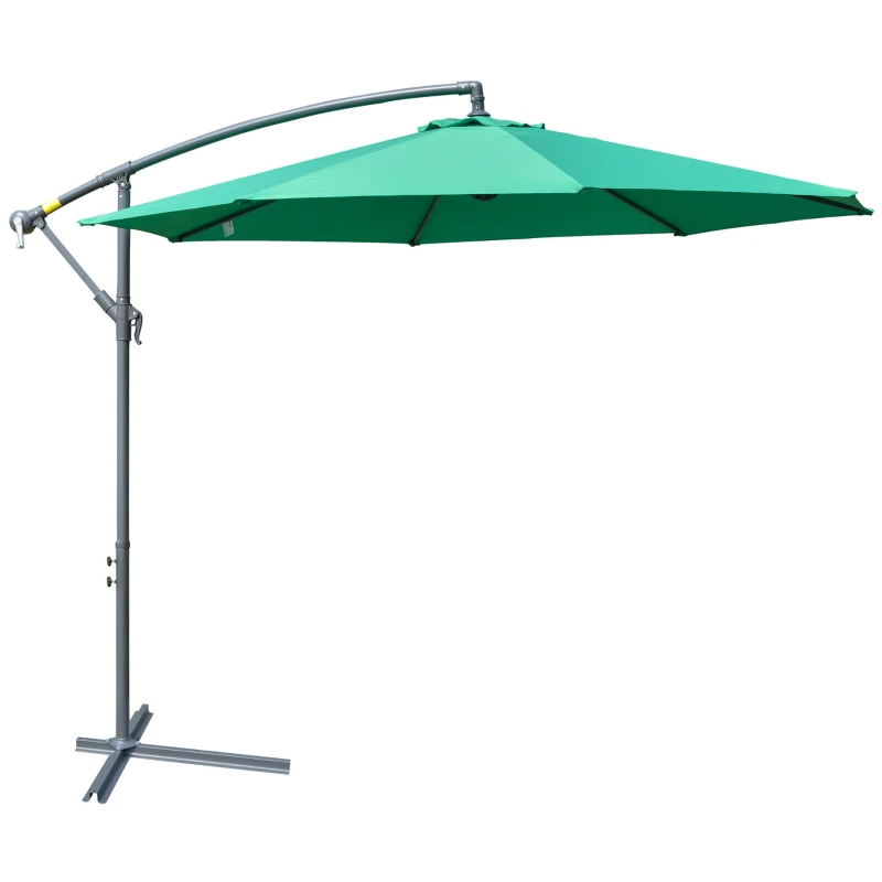 Outsunny 10ft Offset Patio Umbrella with Base, Garden Hanging Parasol with Crank, Banana Cantilever Umbrella Sun Shade, Green
