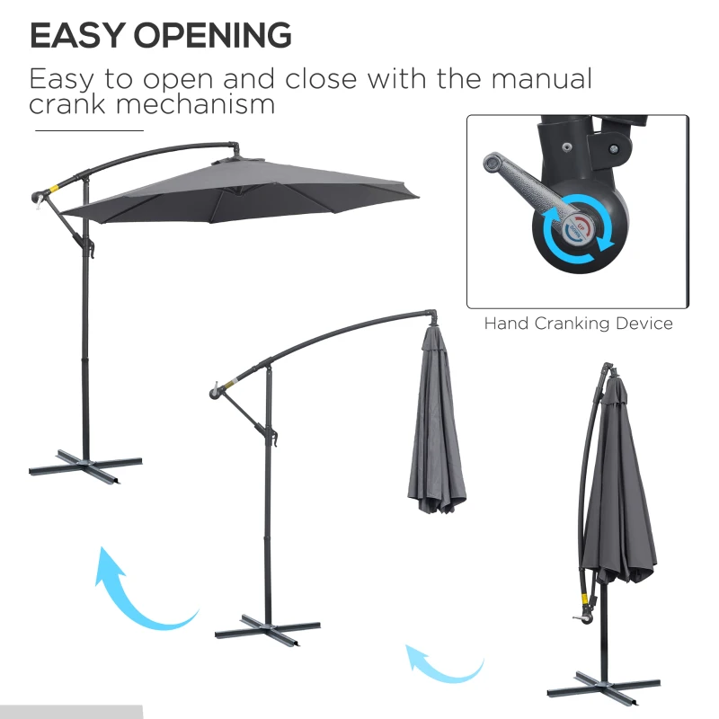 Outsunny Φ10' Deluxe Patio Umbrella Outdoor Market Parasol Banana Hanging Offset Sunshade Crank Cross Base Grey