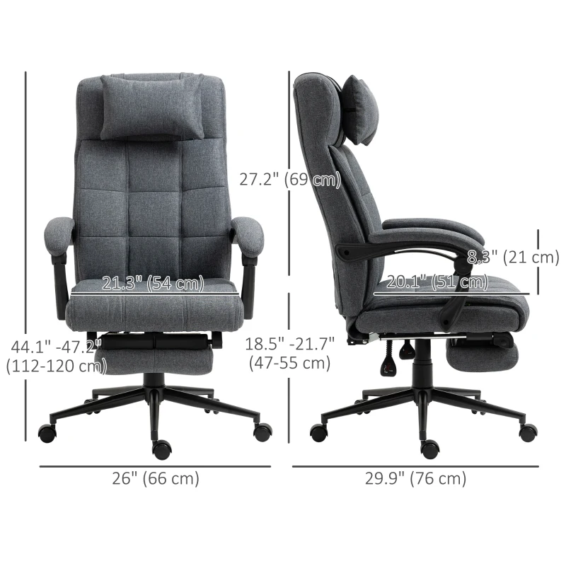 Vinsetto Office Chair Executive Linen-Feel Fabric High Back Swivel Task Chair with Upholstered Retractable Footrest, Headrest and Padded Armrest, Dark Grey