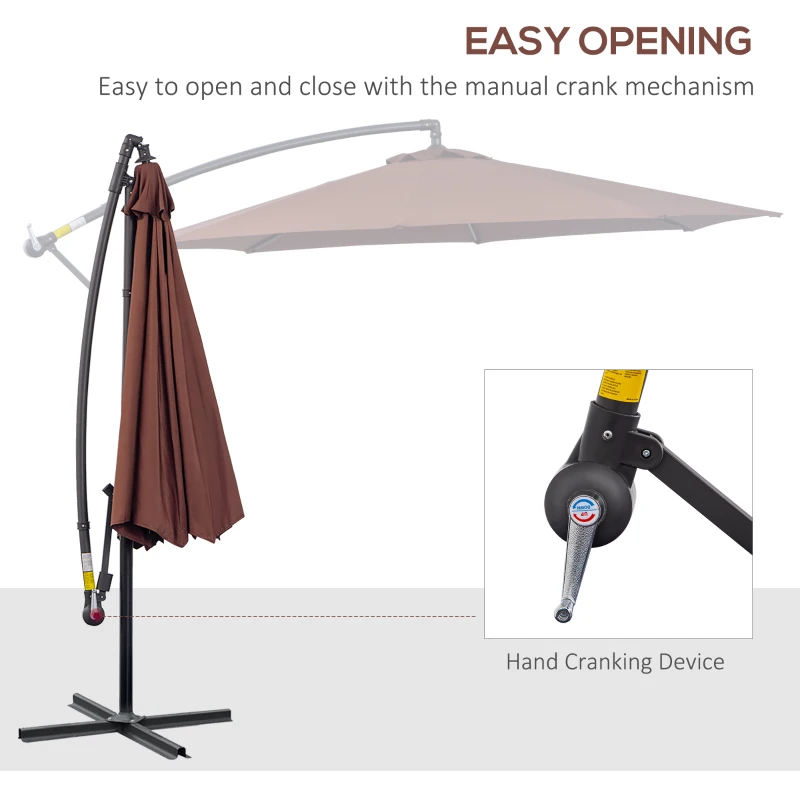 Outsunny 10' Deluxe Patio Umbrella, Outdoor Market Parasol, Banana Hanging Offset Sunshade with Crank, Cross Base, Coffee