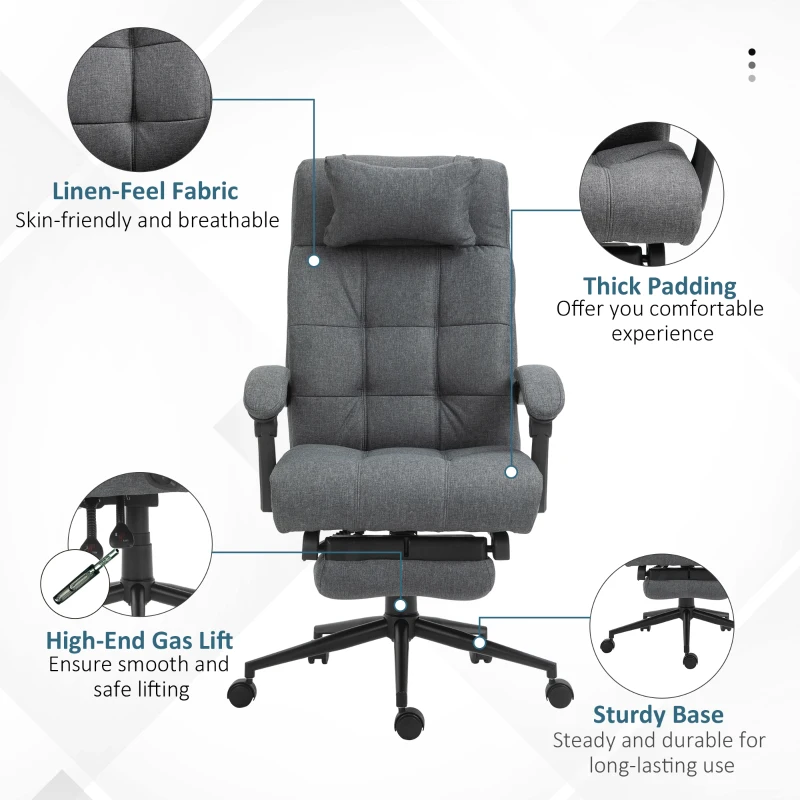 Vinsetto Office Chair Executive Linen-Feel Fabric High Back Swivel Task Chair with Upholstered Retractable Footrest, Headrest and Padded Armrest, Dark Grey