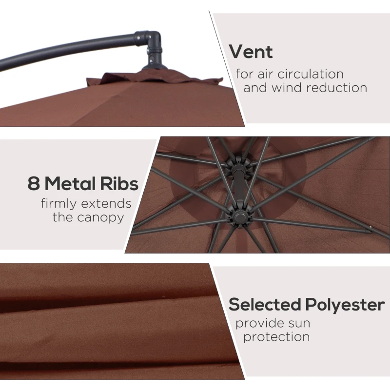 Outsunny 10' Deluxe Patio Umbrella, Outdoor Market Parasol, Banana Hanging Offset Sunshade with Crank, Cross Base, Coffee