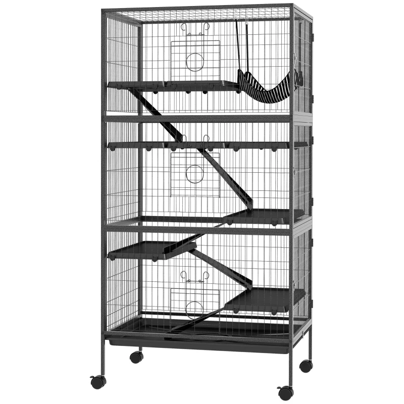 PawHut 6-Tier Rolling Small Animal Cage, Deluxe Rabbit Cage, Ferret Cage for Mink Chinchilla Kitten Rabbit Charcoal Grey