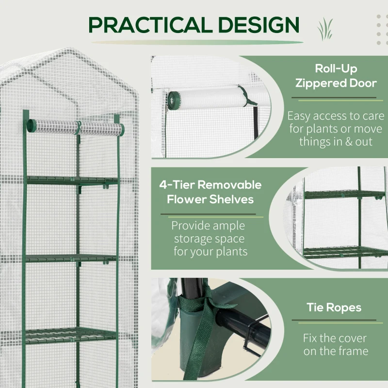 Outsunny 28" x 20" x 63" Portable Greenhouse with 4 Tier Shelves Outdoor Hot House Plant Flower Greenhouse, Steel Frame, PE Cover, White
