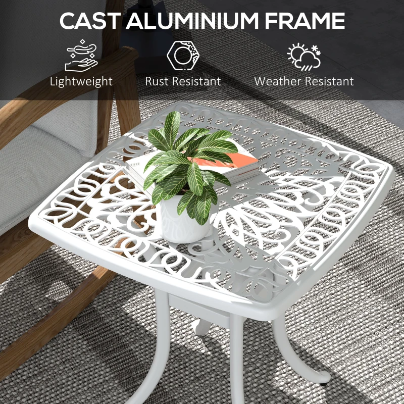 Outsunny 21" Square Outdoor End Table, Cast Aluminum Patio Side Table with Umbrella Hole for Garden, Balcony, Poolside, White