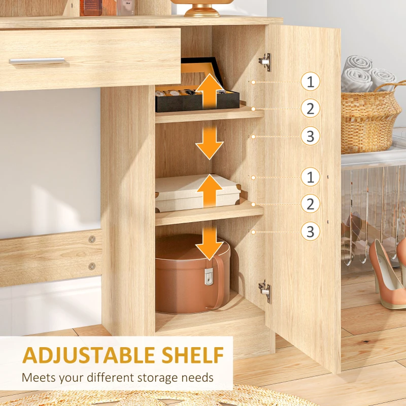 HOMCOM Vanity Desk with Mirror, Makeup Vanity w/ Drawer, Open Compartment and Shelves, Cabinet, Adjustable Shelves for Bedroom