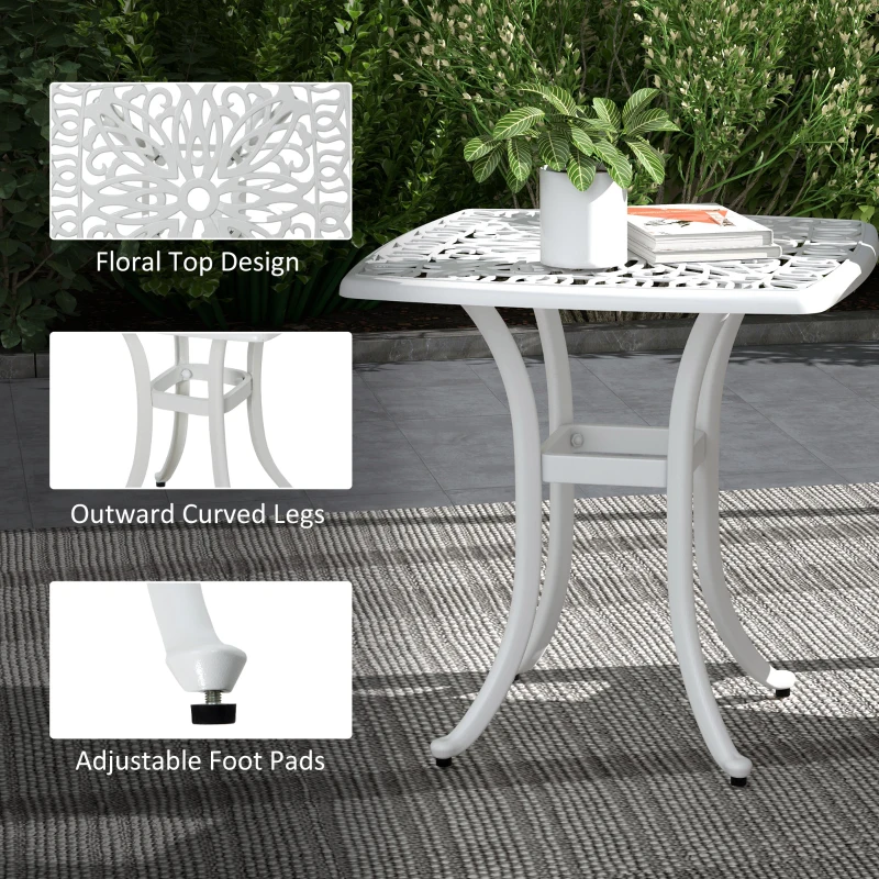 Outsunny 21" Square Outdoor End Table, Cast Aluminum Patio Side Table with Umbrella Hole for Garden, Balcony, Poolside, White