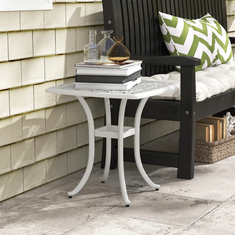 Outsunny 21" Square Outdoor End Table, Cast Aluminum Patio Side Table with Umbrella Hole for Garden, Balcony, Poolside, White