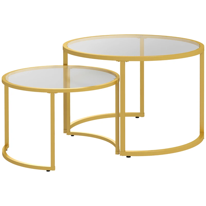 HOMCOM Round Coffee Table Set of 2, Modern Nesting Tables with Tempered Glass Top and Steel Frame for Living Room, Gold