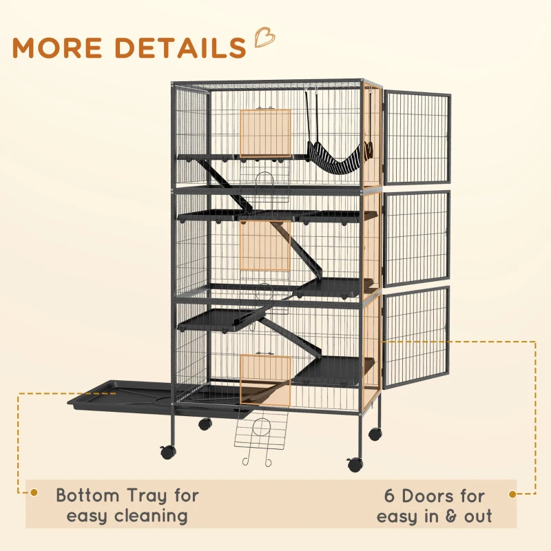 PawHut 6-Tier Rolling Small Animal Cage, Deluxe Rabbit Cage, Ferret Cage for Mink Chinchilla Kitten Rabbit Charcoal Grey