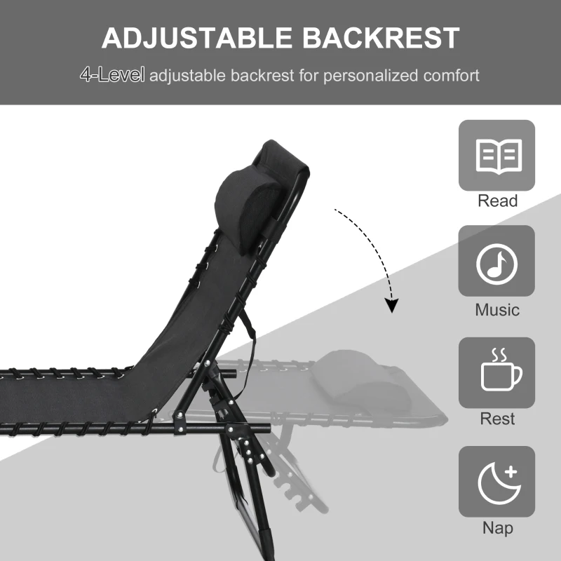 Outsunny Outdoor Folding Lounge Chair, 4-Level Adjustable Chaise Lounge with Headrest, Tanning Chair Beach Bed Reclining Lounger Cot for Camping, Hiking, Backyard, Black