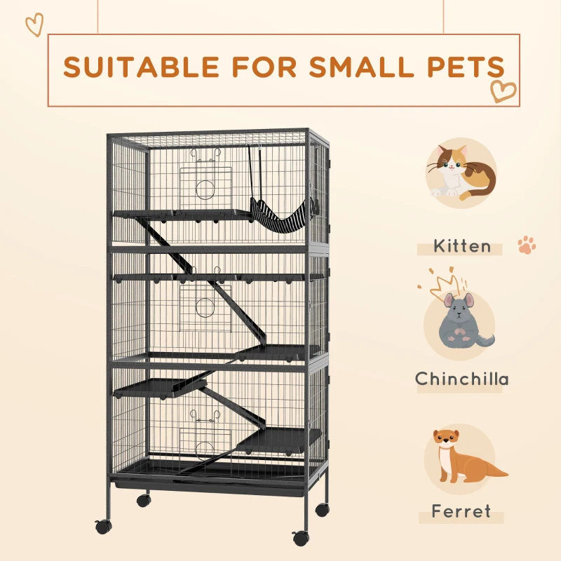 PawHut 6-Tier Rolling Small Animal Cage, Deluxe Rabbit Cage, Ferret Cage for Mink Chinchilla Kitten Rabbit Charcoal Grey