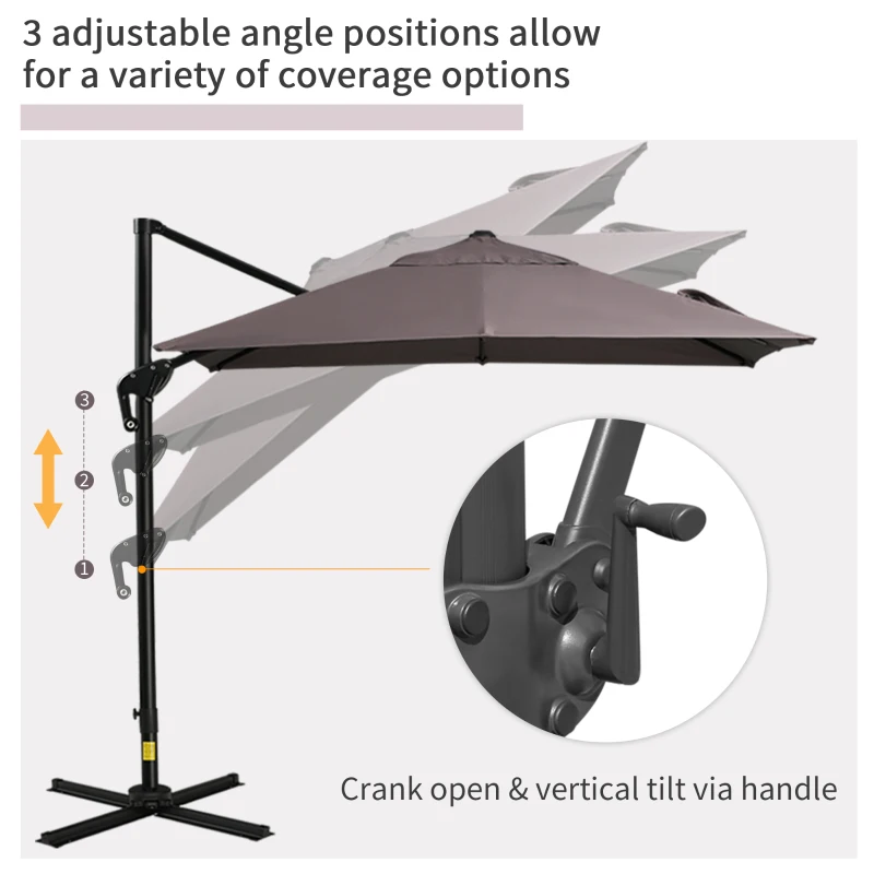 Outsunny 8FT Cantilever Patio Umbrella, Square Outdoor Offset Umbrella with 360° Rotation, Aluminum Hanging Umbrella with 3-Position Tilt, Crank & Cross Base for Garden, Brown
