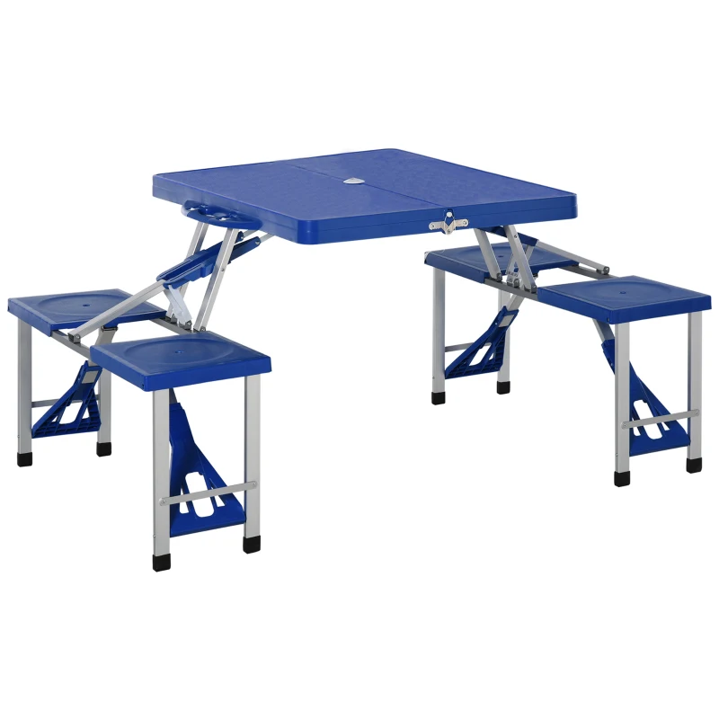 Outsunny Fold Up Picnic Table Portable Camping Table Foldable Travel Patio, Lawn Garden Table, with 4 Seats Chairs, Umbrella Hole, Aluminum Frame, Blue