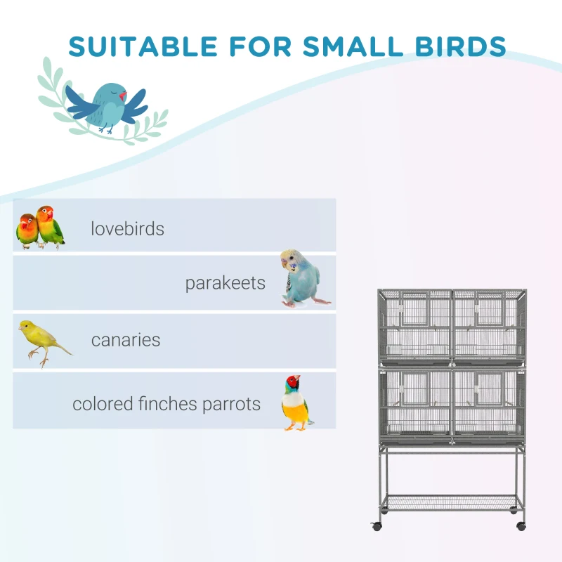 PawHut 61"H Divided Breeder Bird Cage with Rolling Stand Removable Metal Tray, Storage Shelf, Wood Perch, and Food Container, Dark Grey