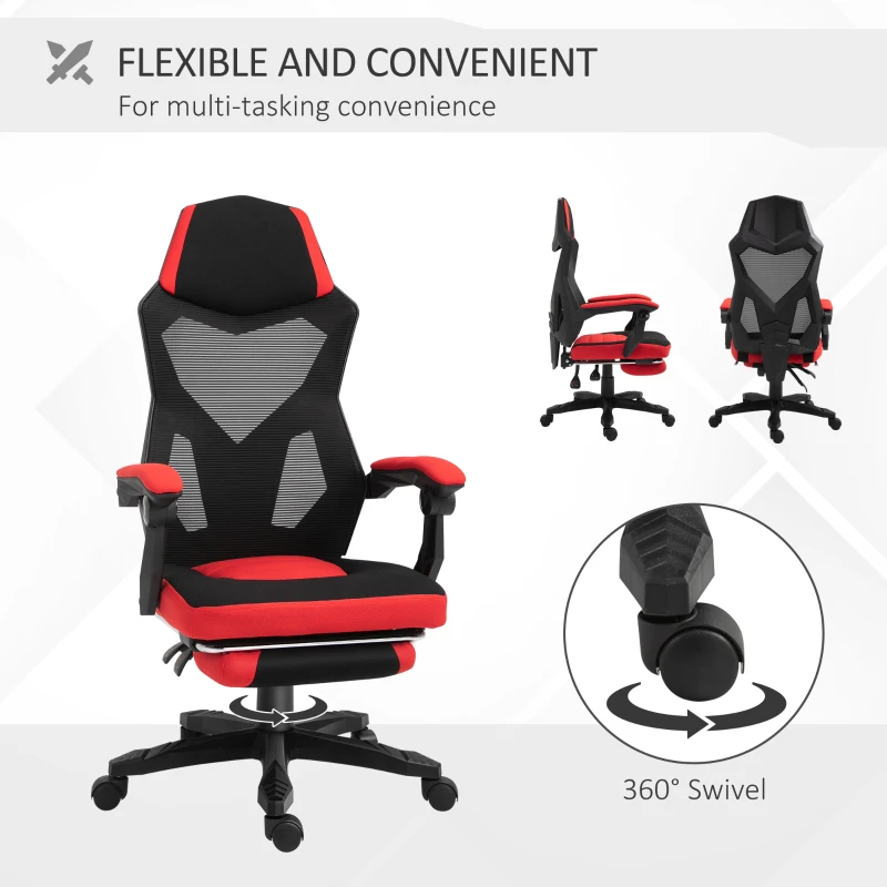 Vinsetto Ergonomic Home Office Chair High Back Armchair Computer Desk Recliner with Footrest, Mesh Back, Lumbar Support and Wheels, Red