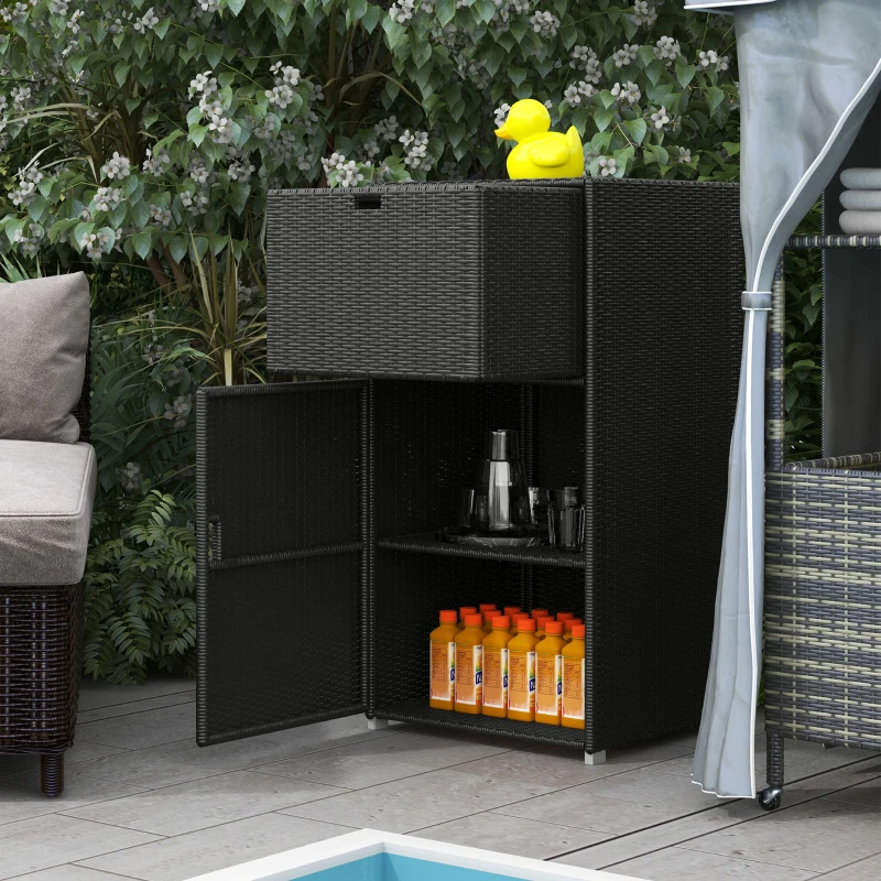 Outsunny Outdoor Towel Rack & Pool Toy Cabinet/Hot Tub Accessory Storage, Waterproof PE Rattan Cabinet & Basket Drawer for Indoor, Swimming Pool, Spa, 24"x24"x47", Dark Brown