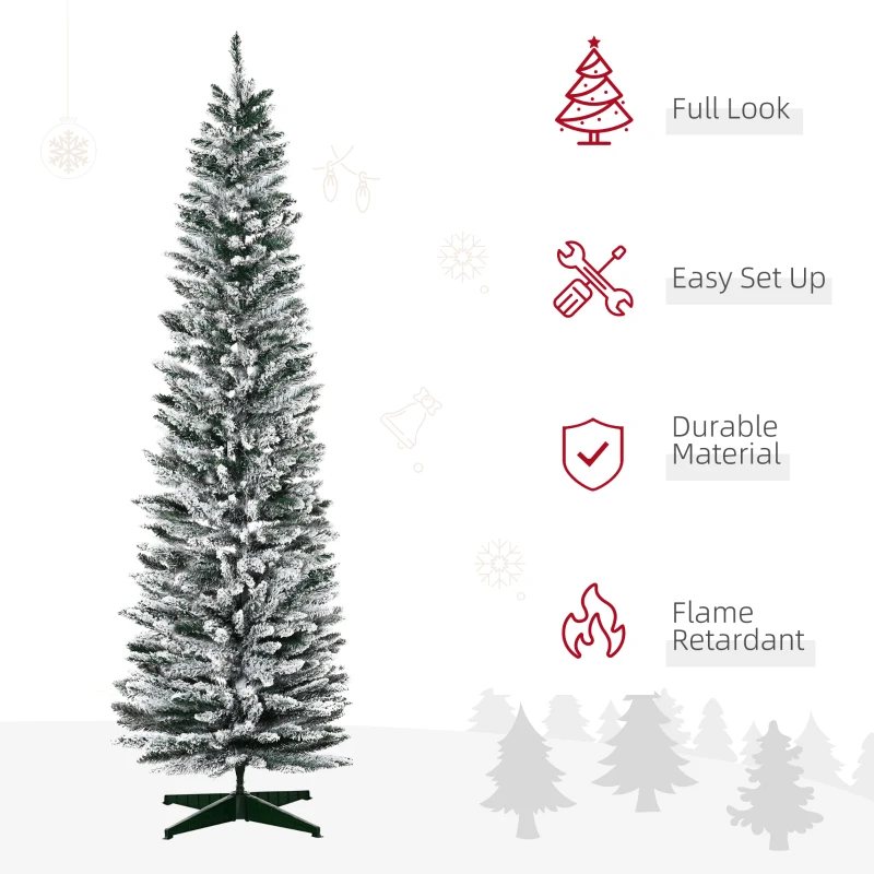 HOMCOM 5' Snow Flocked Artificial Pencil Christmas Tree, Slim Xmas Tree with Realistic Branches and Plastic Base Stand for Indoor Decoration, Green with Snow-flocked