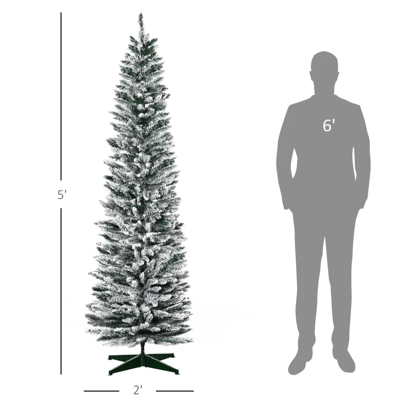 HOMCOM 5' Snow Flocked Artificial Pencil Christmas Tree, Slim Xmas Tree with Realistic Branches and Plastic Base Stand for Indoor Decoration, Green with Snow-flocked