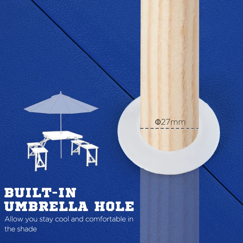 Outsunny Fold Up Picnic Table Portable Camping Table Foldable Travel Patio, Lawn Garden Table, with 4 Seats Chairs, Umbrella Hole, Aluminum Frame, Blue