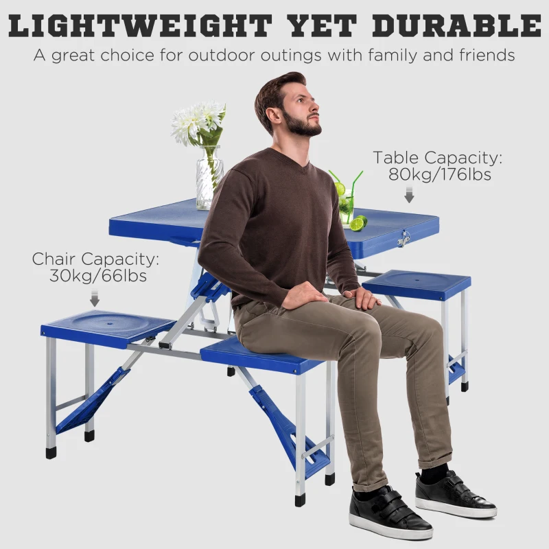 Outsunny Fold Up Picnic Table Portable Camping Table Foldable Travel Patio, Lawn Garden Table, with 4 Seats Chairs, Umbrella Hole, Aluminum Frame, Blue